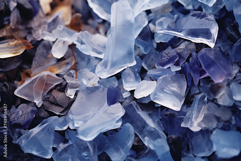 a close up photo of glass shards and debris on the beach