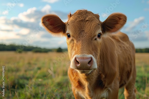 A brown cow looking directly at the camera with a field background during sunset provides a captivating rural scene
