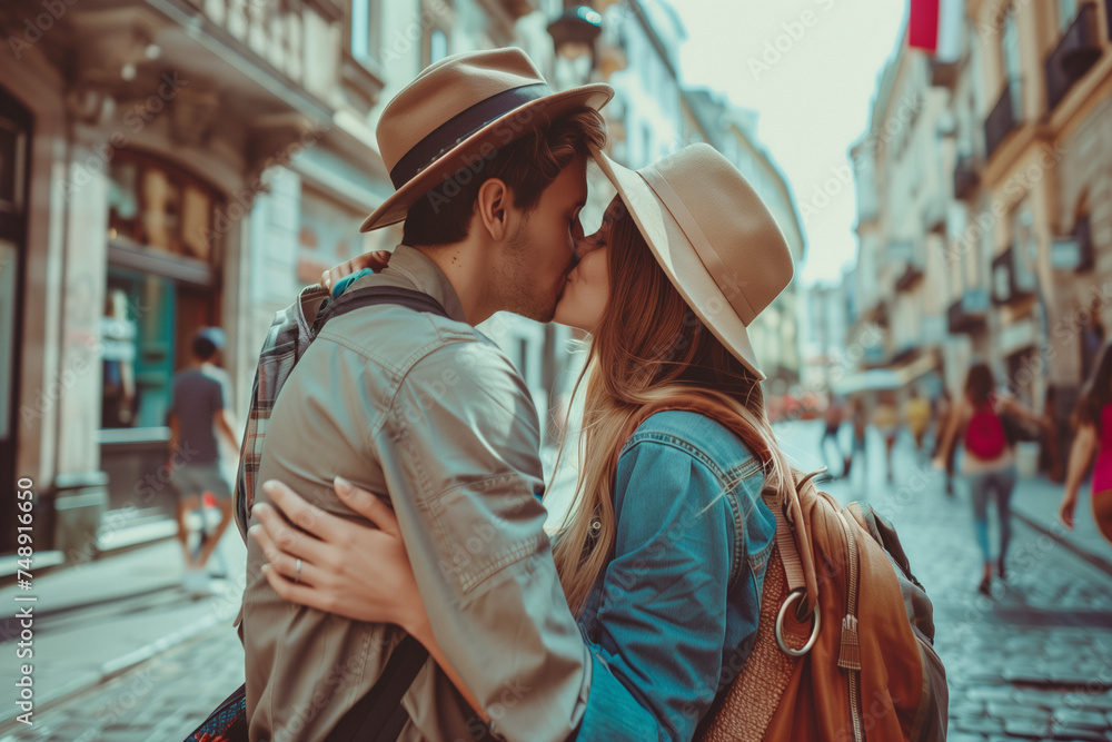 
Couple of lovers kissing on city street - Two tourists enjoying romantic vacation together - Boyfriend and girlfriend dating outside - Love, tourism and life style concept
