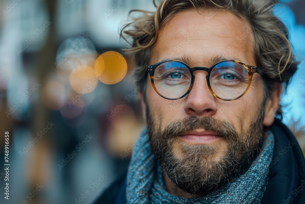 Close-up of a bearded man with eyeglasses against an urban bokeh background, with a contemplative look Close-up of a bearded man with eyeglasses against an urban bokeh background, with a contemplative look