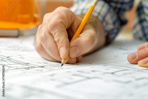  contractor drawing on blueprints with a pencil, creating a home improvement plan
