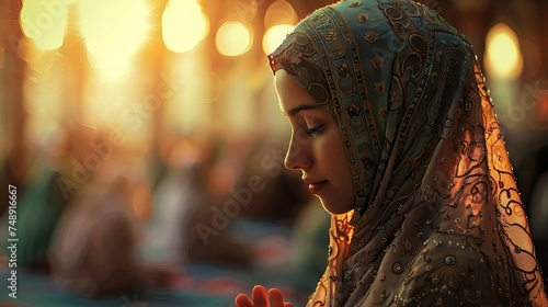 Muslim woman prays in the mosque. Ramadan Feast celebrations