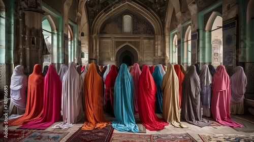 Muslim women pray in the mosque. Ramadan Feast celebrations photo