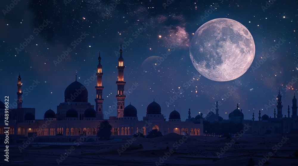full moon over a starry sky with minarets and domes of mosques