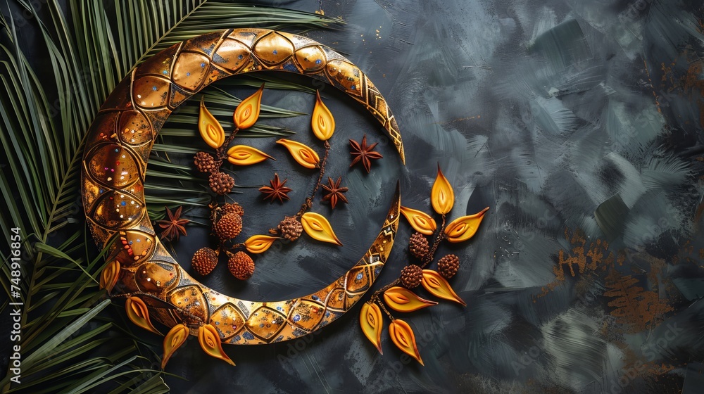 Islamic crescent symbol set against a dark background with palm fruits