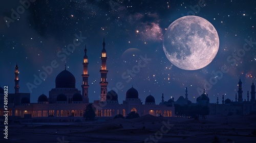 full moon over a starry sky with minarets and domes of mosques photo