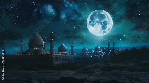 full moon over a starry sky with minarets and domes of mosques photo