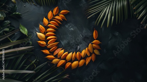 Islamic crescent symbol set against a dark background with palm fruits