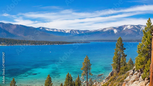 Lake Tahoe panoramic mountain landscape scene in Calif Generated With Ai