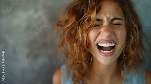 A displeased woman trying to stifle her laughter in an awkward moment. Concept Portrait Photography, Emotion Capture, Humorous Expression photo
