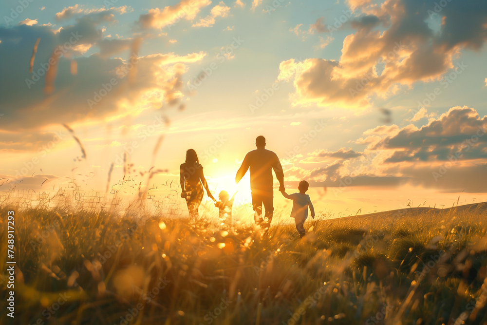 
Silhouette of happy family walking in the meadow at sunset - Mother, father and child son having fun outdoors enjoying time together - Family, love, mental health and happy lifestyle concept