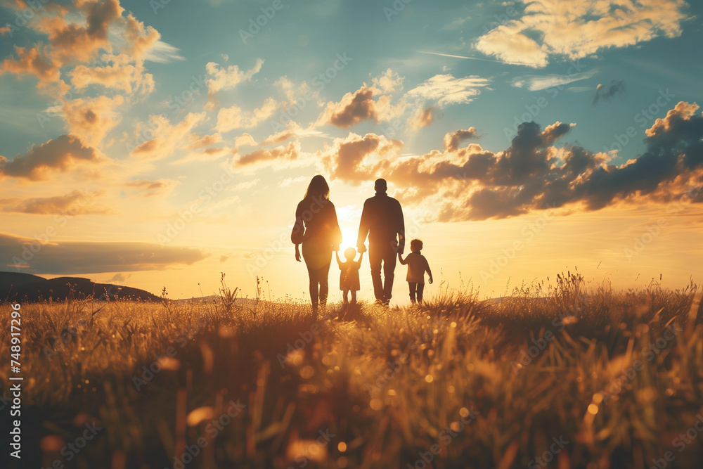 
Silhouette of happy family walking in the meadow at sunset - Mother, father and child son having fun outdoors enjoying time together - Family, love, mental health and happy lifestyle concept - obrazy, fototapety, plakaty 