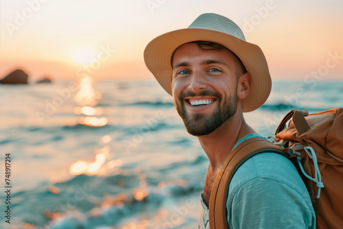  Portrait of cheerful caucasian young man with hat and backpack enjoying sunset at the beach - Laughing guy having fun outside - Well being, healthy life style and traveling concept