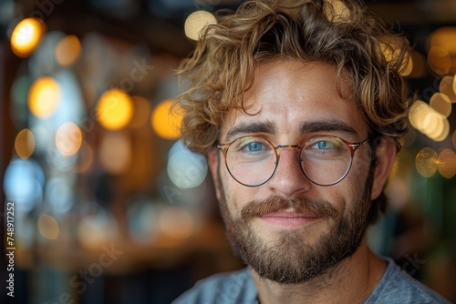 Close-up of a young man with curly hair and glasses, exuding casual confidence with a soft bokeh background