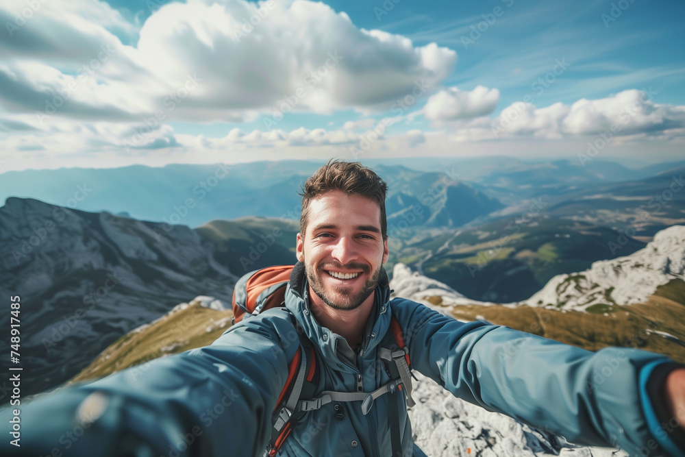 Young hiker man taking selfie portrait on the top of mountain - Happy guy smiling at camera - Tourism, sport life style and social media influencer concept
Young hiker man taking selfie portrait on the top of mountain - Happy guy smiling at camera - Tourism, sport life style and social media influencer concept
