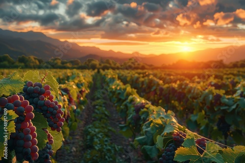 A stunning sunset view over a vineyard, showcasing rows of ripe grapes ready for harvest, symbolizing growth and abundance
