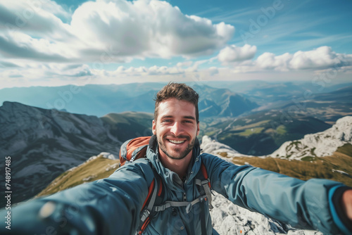  Young hiker man taking selfie portrait on the top of mountain - Happy guy smiling at camera - Tourism, sport life style and social media influencer concept © Ace64 Studio