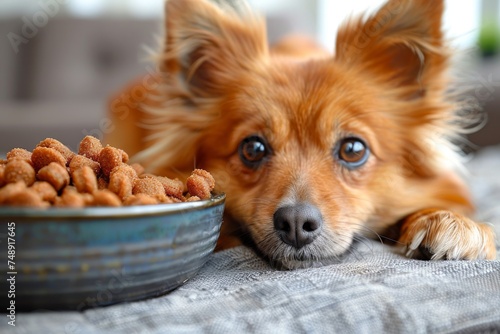 A close-up shot capturing a dog yearningly eyeing a bowl full of food, conveying a sense of anticipation and hunger photo