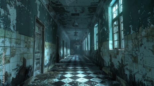 Survival horror game scene, abandoned asylum, chilling photo