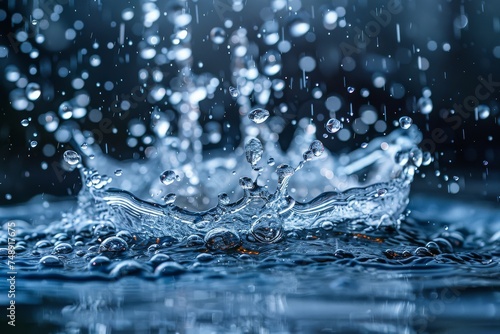 Detailed image showcasing water droplets mid-air forming a beautiful splash on a dark blue background