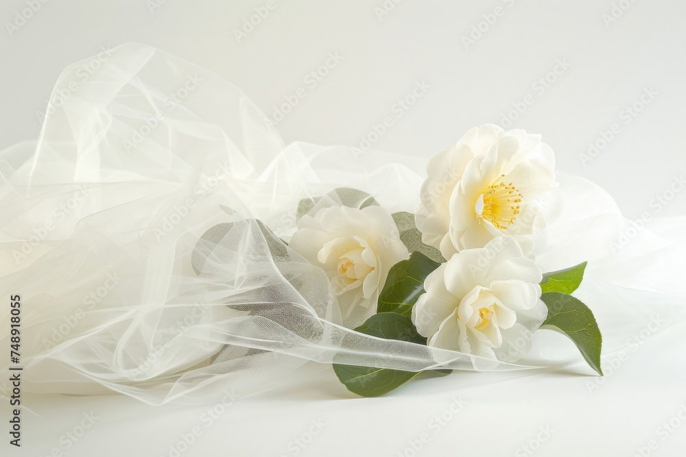 White jasmine on a white background with a veil and ribbon White jasmine on a white background with a veil and ribbon
