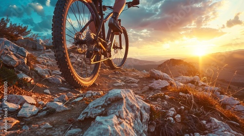 low angle view of cyclist riding mountain bike on rocky trail at sunrise © Emil