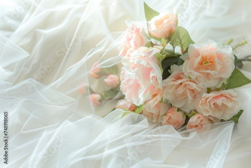 wedding bouquet of roses on white fabric, soft focus