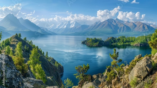 Mountain landscape, lake and mountain range, large panorama, Altai