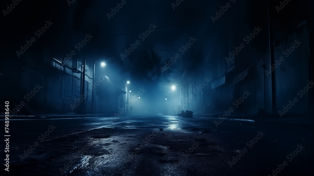 Dark street,street lamp, wet asphalt, reflections of rays in the water. Abstract dark blue background, smoke, smog - obrazy, fototapety, plakaty 