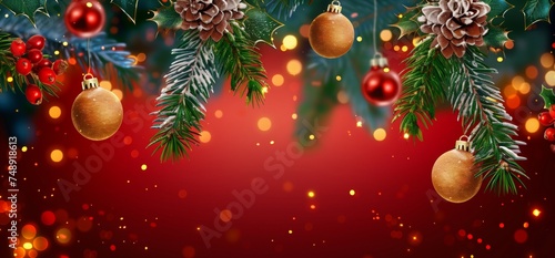 Christmas wallpaper with fir branches  red and golden balls decorations on red bokeh background  detailed background  Christmas decorative balls  copy space for text.