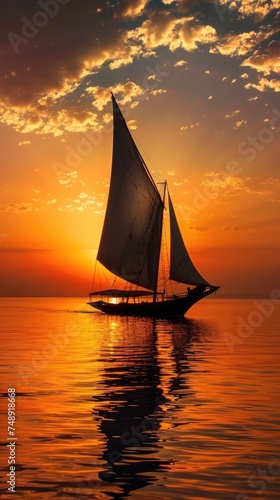 Sailing adventure on the Red Sea, traditional dhow against the backdrop of a stunning sunset, peaceful