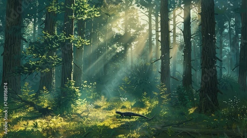 Serenity in a pine wood forest, sunlight piercing through tall trees, a salamander navigating the undergrowth photo