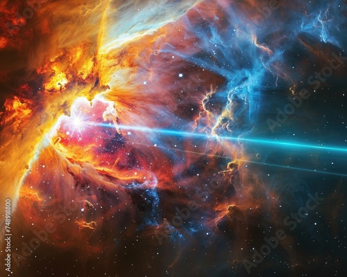 Vivid supernova remnants, nebula illumination by laser beams, cosmic mystery photo