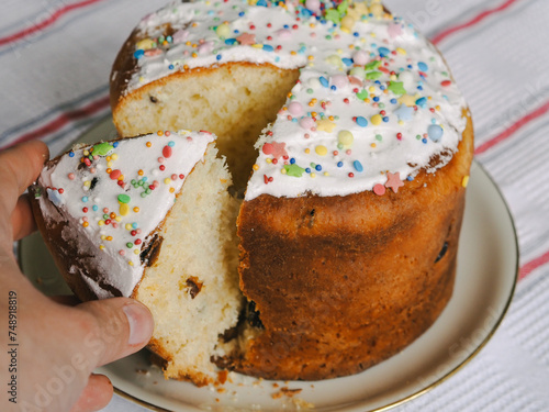 Traditional Easter cake. Kulich. Ukrainian Easter. Orthodox Easter, a piece of panettone