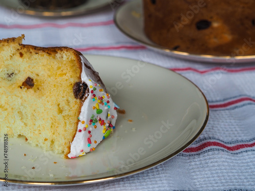 Traditional Easter cake. Kulich. A piece of pie. Ukrainian Easter. Orthodox Easter, Paska, panettone
