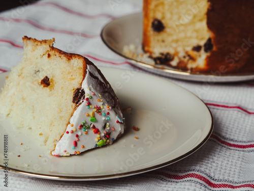 Traditional Easter cake. Kulich. A piece of pie. Ukrainian Easter. Orthodox Easter, Paska