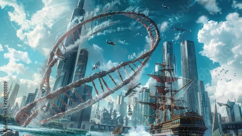 DNA helix unraveling over a pirate ship, skyscrapers in the backdrop, blending biology with adventure photo