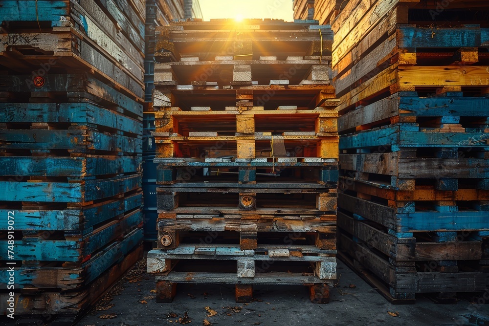Piles of various colored wooden pallets stacked in an industrial area captured at golden hour sunset Piles of various colored wooden pallets stacked in an industrial area captured at golden hour sunset