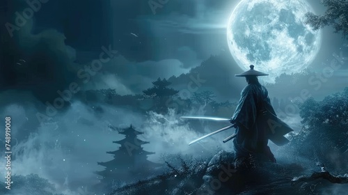 Moonlit duel, samurai with gleaming katana, shogun's honor at stake, intense aura photo