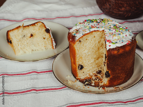 Traditional Easter cake. Kulich. Ukrainian Easter. Orthodox Easter, Homemade cake by grandmother 