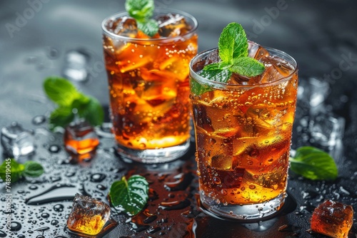 Two glasses of refreshing iced tea garnished with mint leaves  surrounded by ice cubes and water droplets