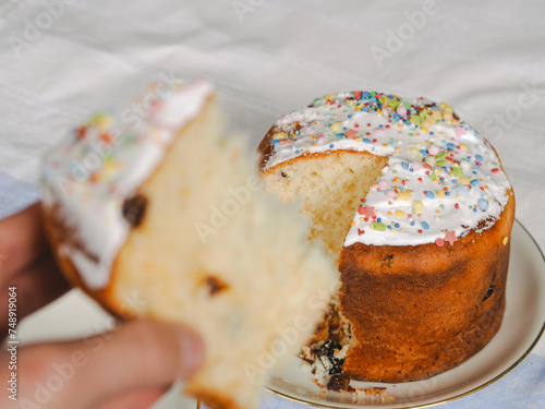A piece of Easter cake. Kulich closeup. Ukrainian Easter. Orthodox Easter. Panettone, paska