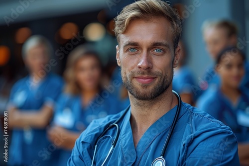 A confident male nurse with his team in the background