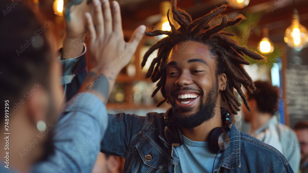 man with dreadlocks is high-fiving someone and smiling broadly in a social setting, possibly a cafe or bar.