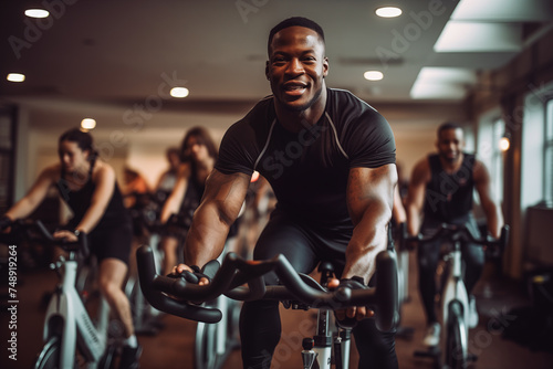 Portrait of a happy man doing stationary bicycle exercises with a group of people. Generative AI 