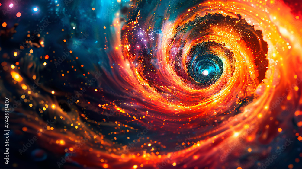 An artistic representation of space with a glistening vortex at its center, surrounded by a cascade of warm and cool colors resembling a universe in flux