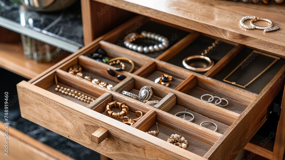 Close up of opened jewelry drawer organizer, concept of hobbies, decent lifestyle, make up, handmade, collection. Close up of opened jewelry drawer organizer, concept of hobbies, decent lifestyle, make up, handmade, collection.