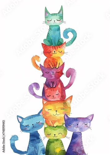 Many adorable cartoon colorful kittens cuddling together looking at you as a cute background, greeting cards, lovely colorful funny backgrounds, cat lovers wall paper.