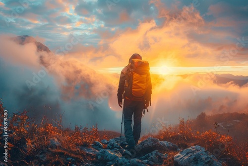 A lone hiker walks in a misty mountain landscape at sunrise, symbolizing determination