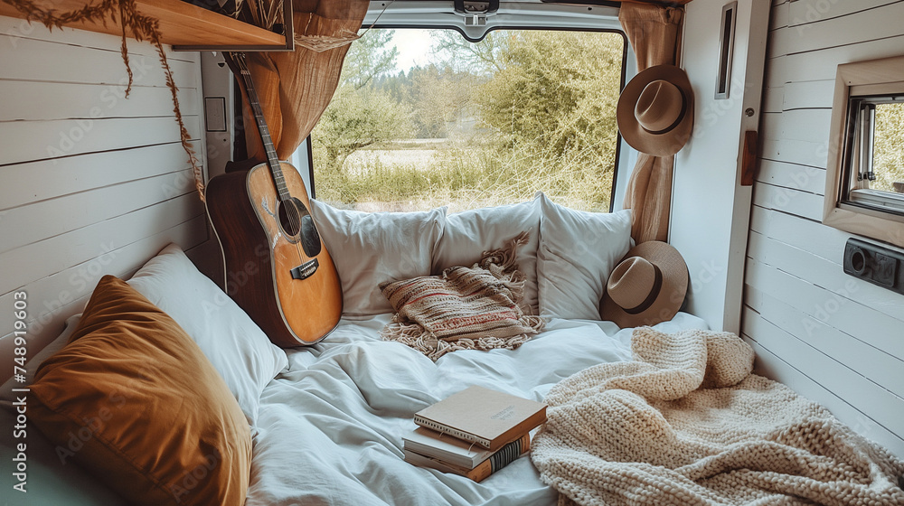  Unfilled bed, pillows, guitar, book, hat, white wooden decoration of the house on wheels. Interior of the camper van background.